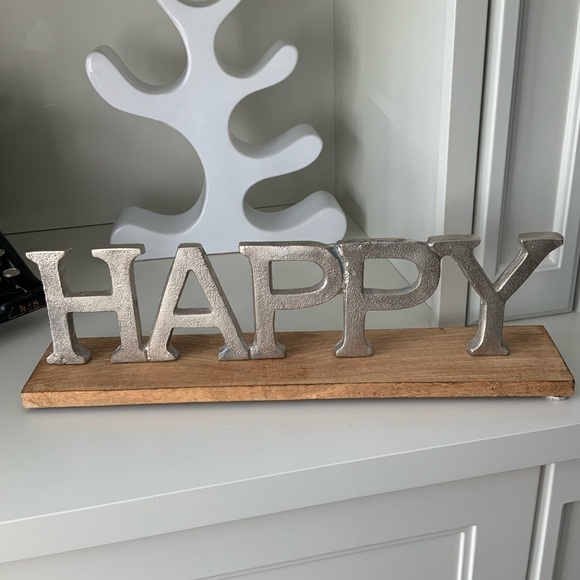 “Happy” Wood Silver Metal Large Decorative Sign Home Decor Made in India EUC 20” - Picture 1 of 9